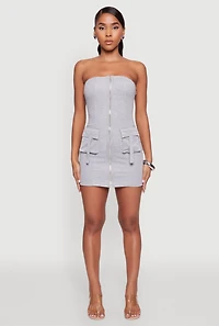 Womens Ribbed Knit Zip Front Cargo Pocket Tube Dress, Grey, Size XL