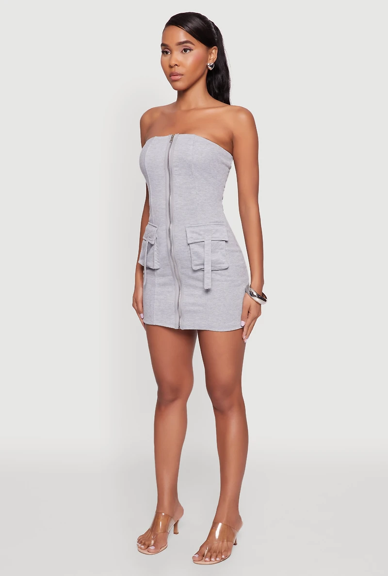 Womens Ribbed Knit Zip Front Cargo Pocket Tube Dress, Grey, Size XL