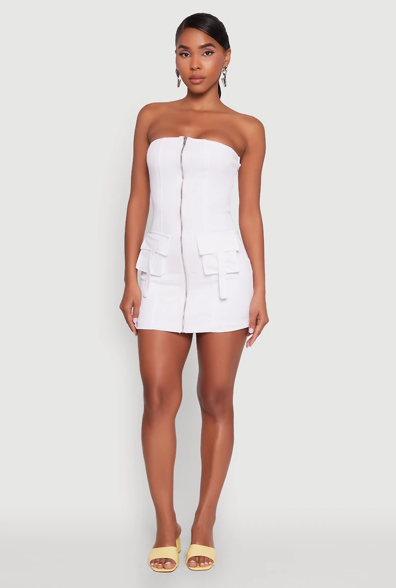 Womens Ribbed Knit Zip Front Cargo Pocket Tube Dress, White, Size L