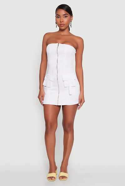 Womens Ribbed Knit Zip Front Cargo Pocket Tube Dress, White, Size S