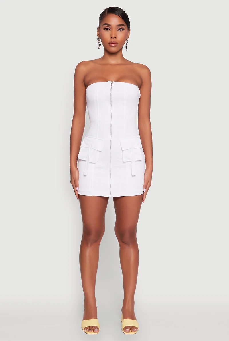 Womens Ribbed Knit Zip Front Cargo Pocket Tube Dress, White,
