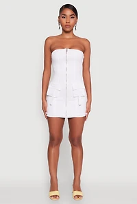 Womens Ribbed Knit Zip Front Cargo Pocket Tube Dress, White, Size L