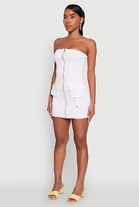 Womens Ribbed Knit Zip Front Cargo Pocket Tube Dress, White, Size L