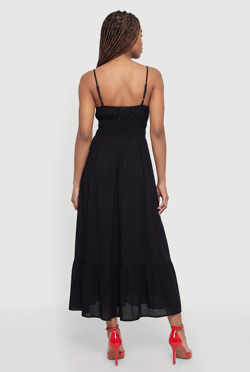 Sleeveless Smocked Waist Ruffle Trim Maxi Dress