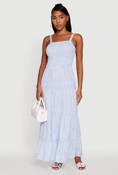 Womens Striped Tiered Maxi Sundress, Blue,