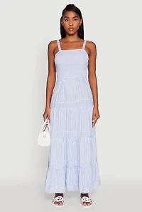 Womens Striped Tiered Maxi Sundress, Blue, Size L