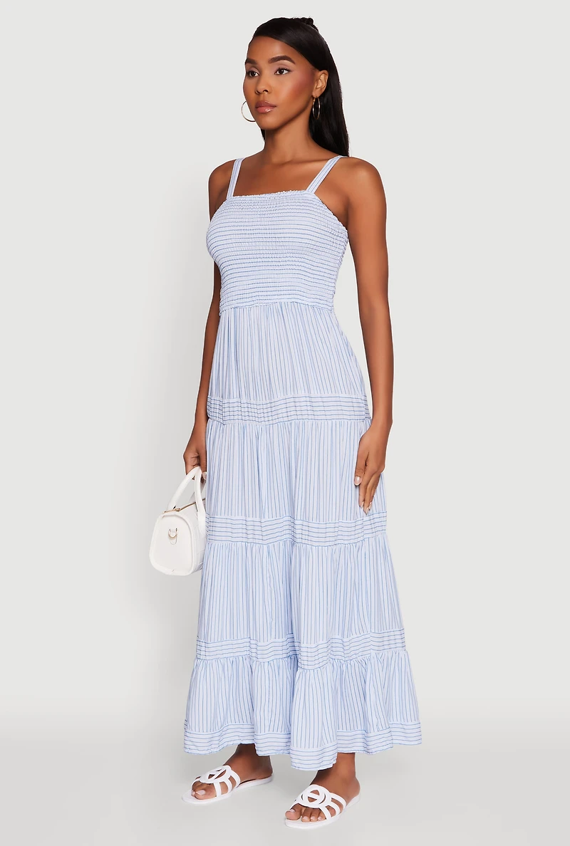 Womens Striped Tiered Maxi Sundress, Blue, Size S