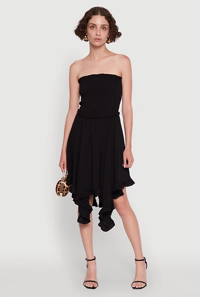 Womens Smocked Handkerchief Hem Tube Dress, Black, Size M