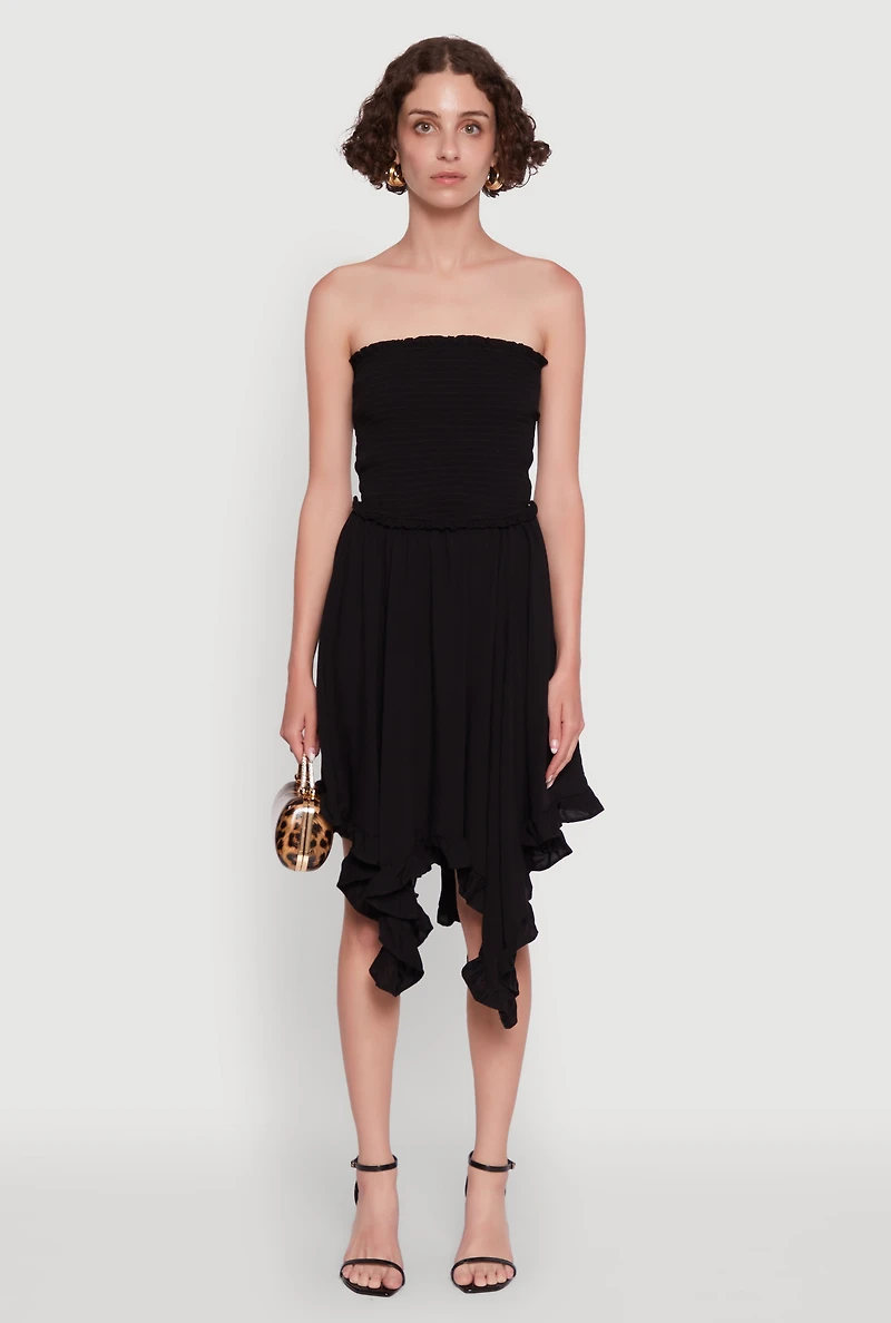 Womens Smocked Handkerchief Hem Tube Dress, Black, Size M