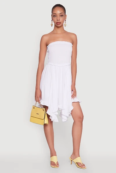 Womens Smocked Handkerchief Hem Tube Dress, White, Size S