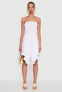 Womens Smocked Handkerchief Hem Tube Dress, White, Size S