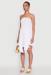 Womens Smocked Handkerchief Hem Tube Dress, White, Size S