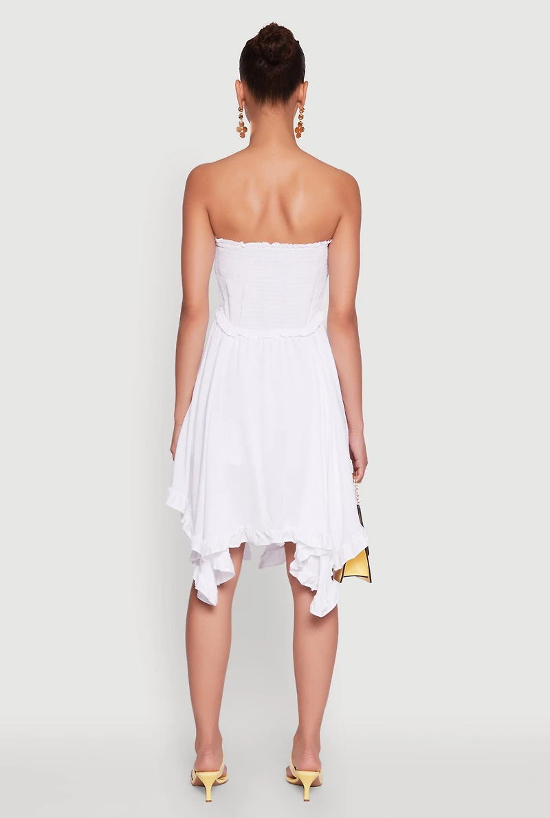 Womens Smocked Handkerchief Hem Tube Dress, White, Size S