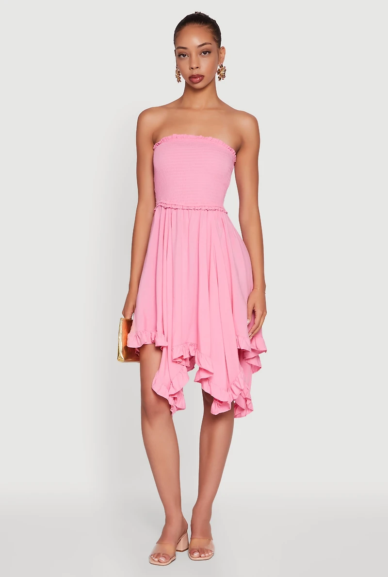 Womens Smocked Handkerchief Hem Tube Dress,