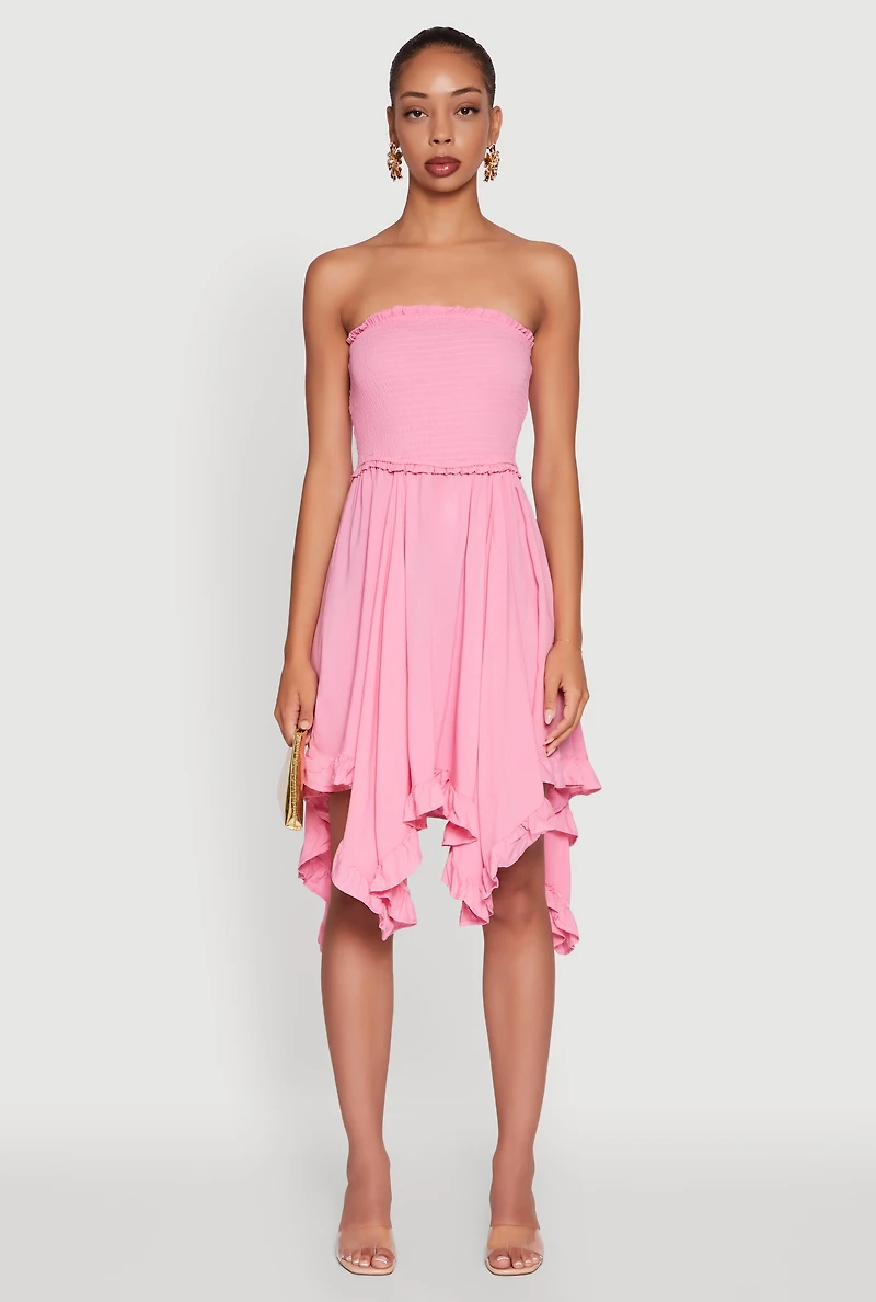 Womens Smocked Handkerchief Hem Tube Dress,