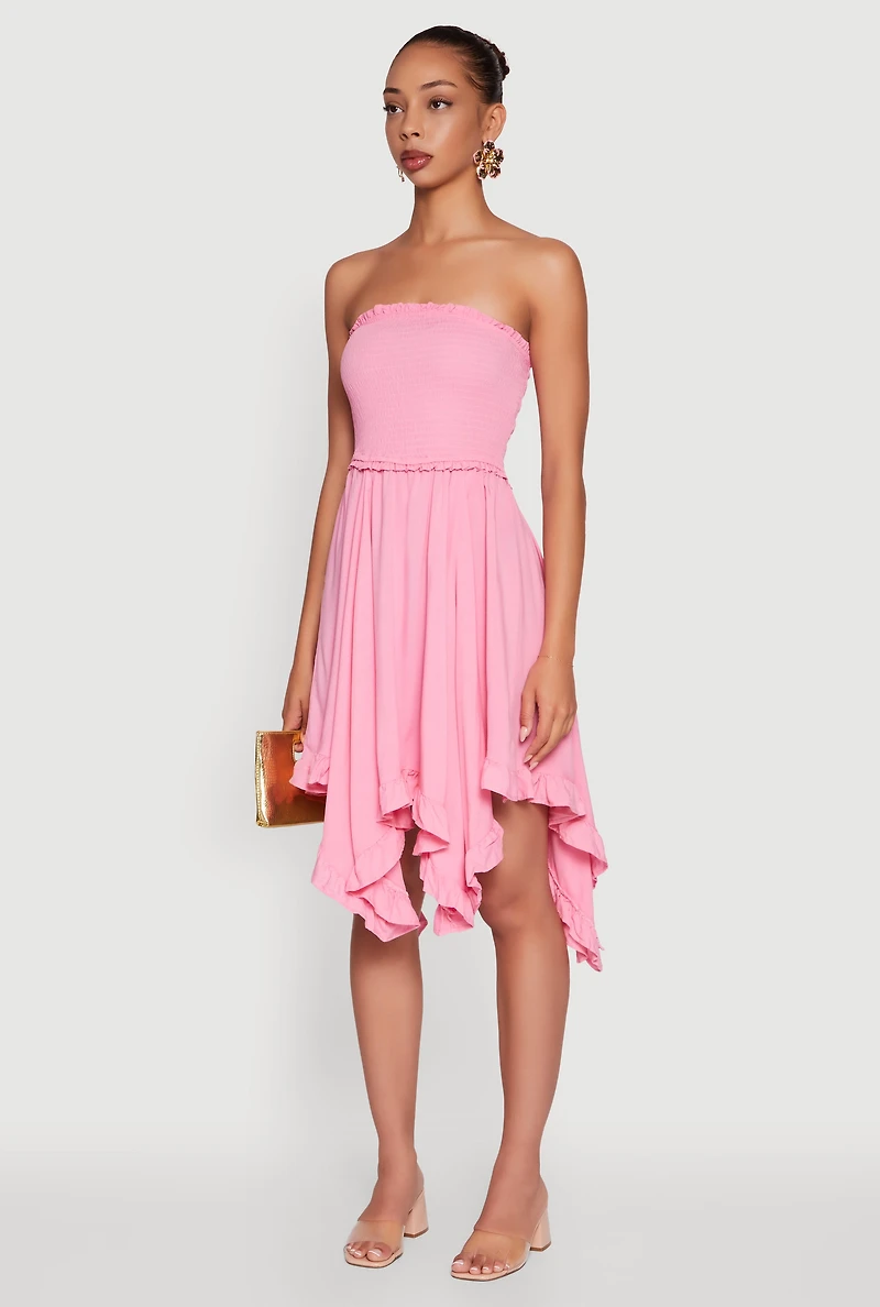 Womens Smocked Handkerchief Hem Tube Dress,