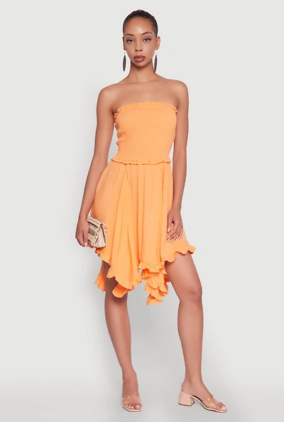 Womens Smocked Handkerchief Hem Tube Dress,