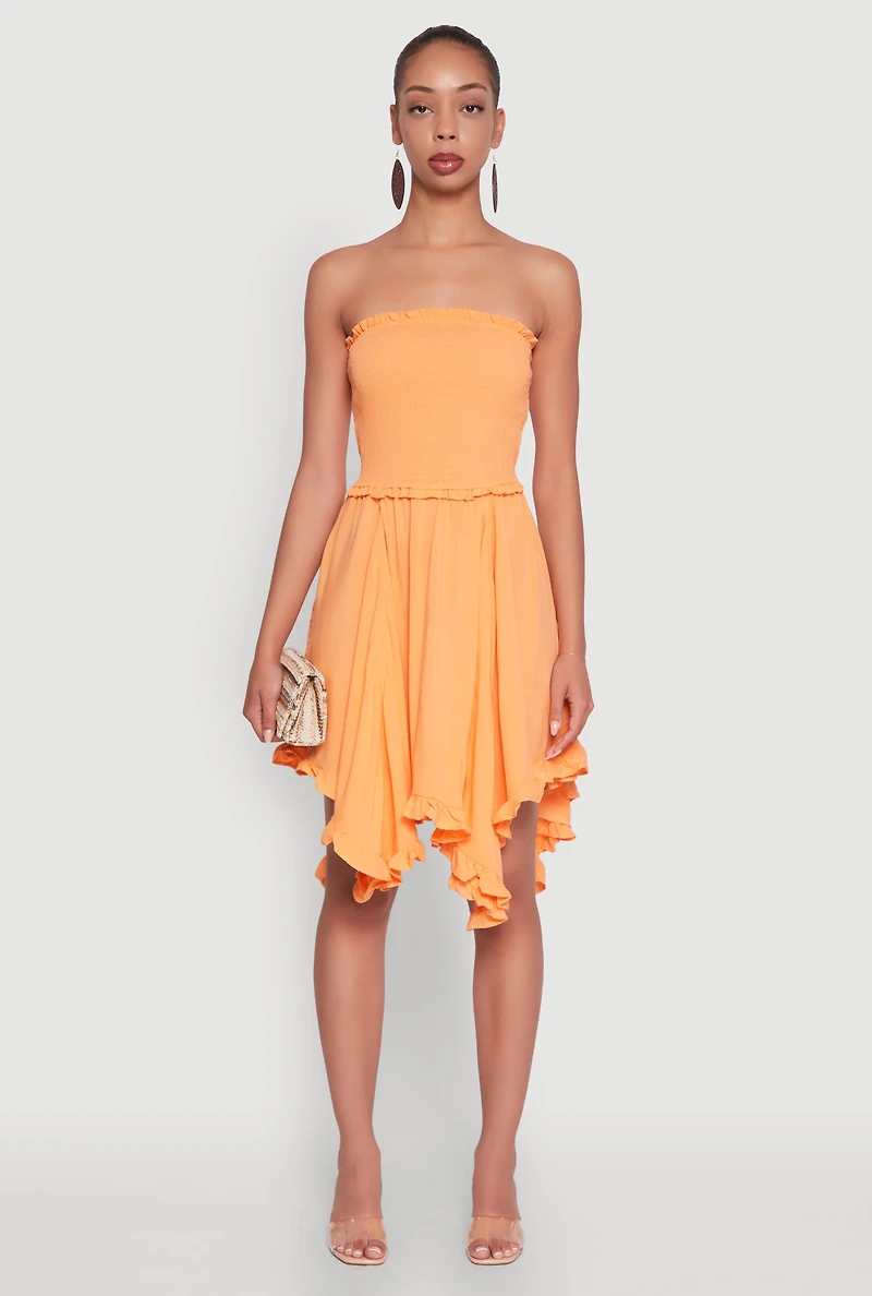 Womens Smocked Handkerchief Hem Tube Dress, L