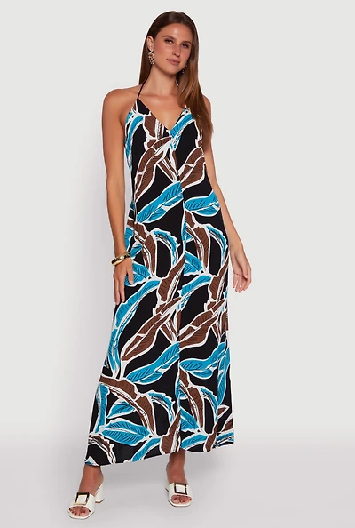 Womens Tropical Leaf Print Rope Strap Halter Maxi Dress, Multi, Size M