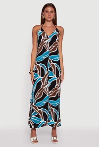 Womens Tropical Leaf Print Rope Strap Halter Maxi Dress, Multi, Size M