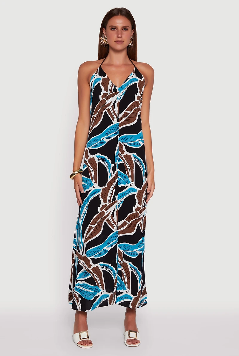 Tropical Leaf Print Rope Strap Halter Maxi Dress