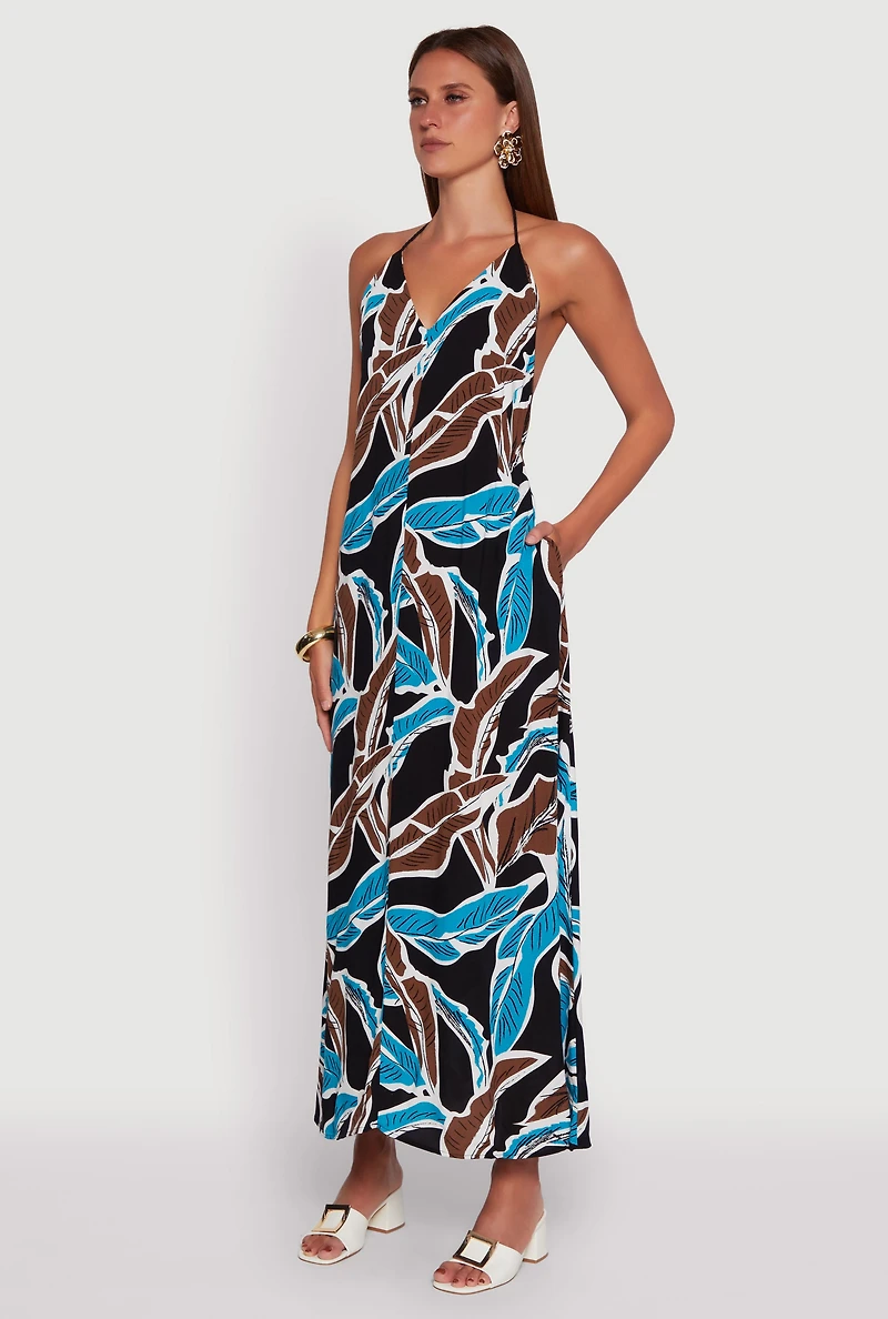 Tropical Leaf Print Rope Strap Halter Maxi Dress