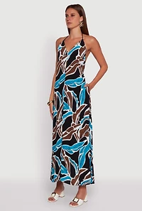 Tropical Leaf Print Rope Strap Halter Maxi Dress