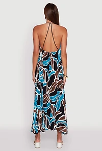 Womens Tropical Leaf Print Rope Strap Halter Maxi Dress, Multi, Size M