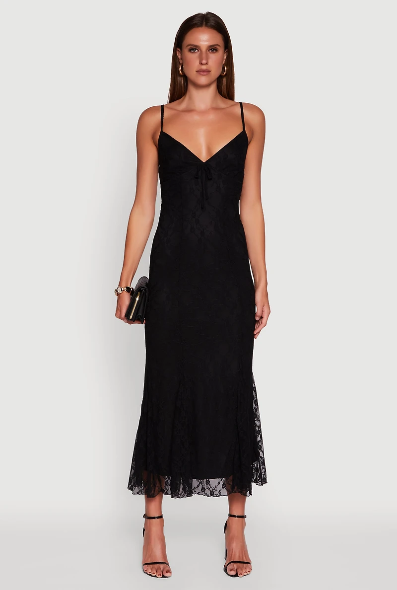 Womens Floral Lace Overlay Mermaid Maxi Dress, Black, Size S