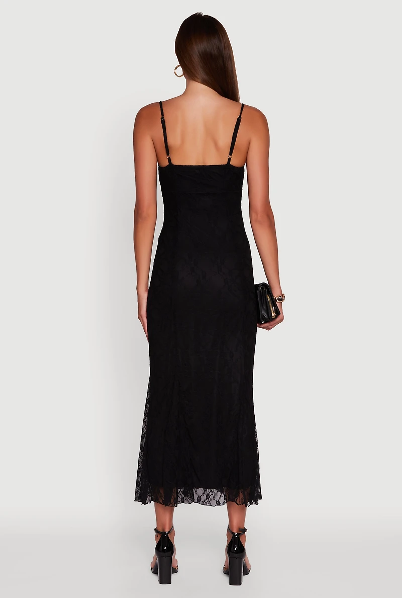 Womens Floral Lace Overlay Mermaid Maxi Dress, Black, Size S