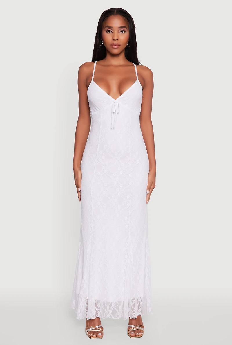 Womens Floral Lace Overlay Mermaid Maxi Dress, White, Size M