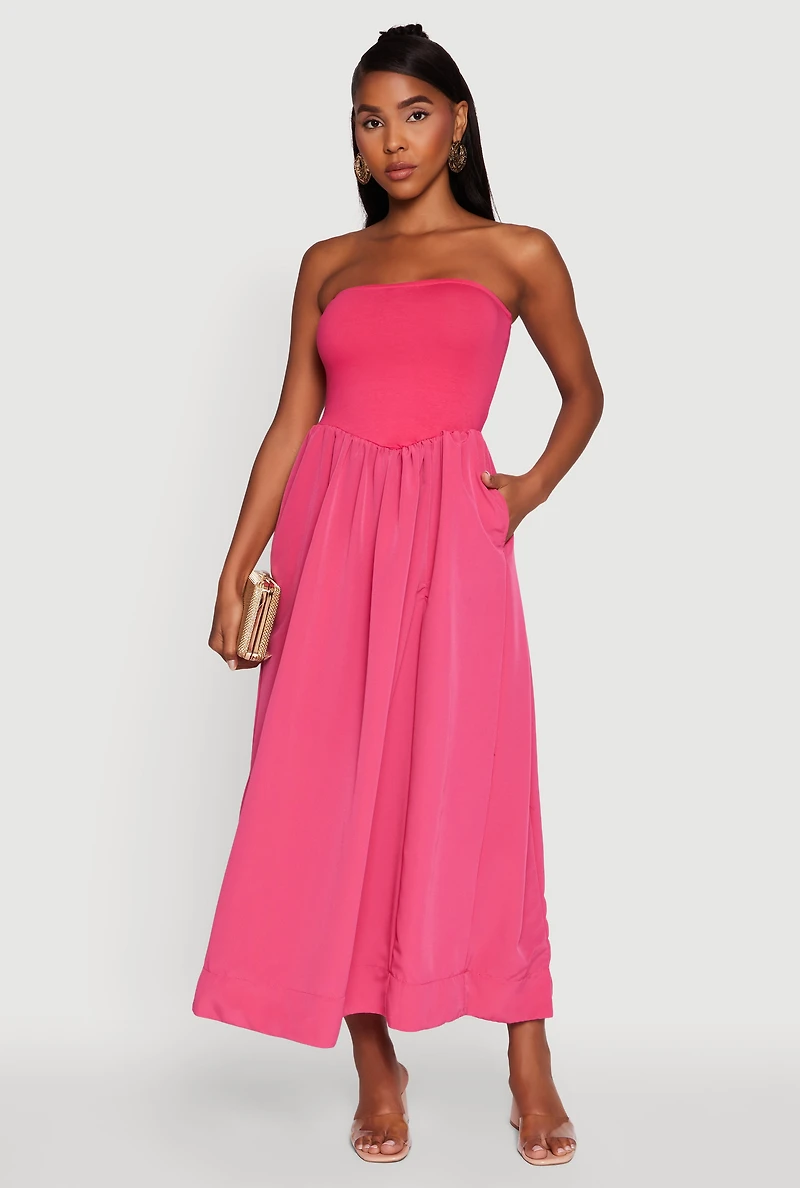Womens Strapless A-Line Maxi Dress with Pockets, Pink, Size M
