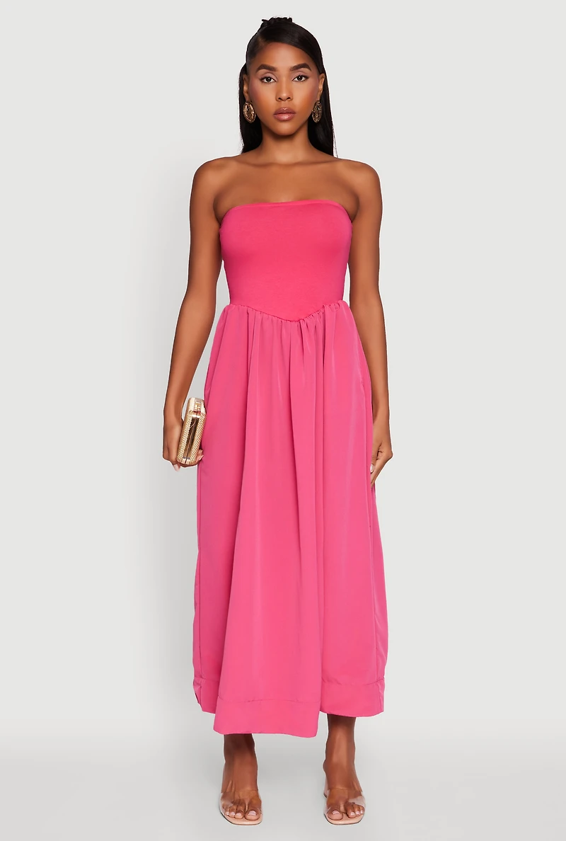Womens Strapless A-Line Maxi Dress with Pockets, Pink, Size M