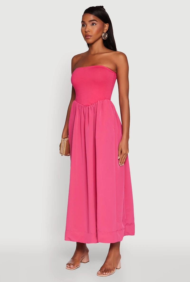 Womens Strapless A-Line Maxi Dress with Pockets, Pink, Size M