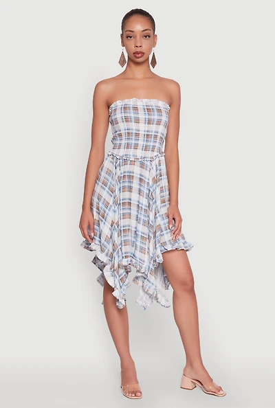 Womens Plaid Smocked Handkerchief Hem Tube Dress, Multi, Size XL