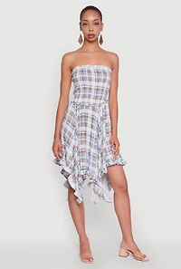 Womens Plaid Smocked Handkerchief Hem Tube Dress, Multi, Size XL
