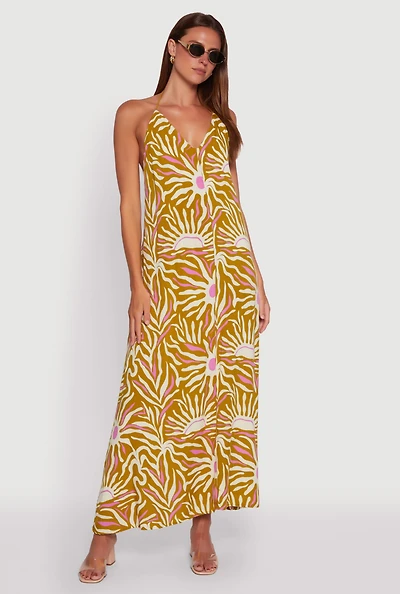 Womens Sun Print Caged Low Back Rope Halter Maxi Dress, Multi, Size L