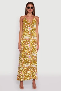 Womens Sun Print Caged Low Back Rope Halter Maxi Dress, Multi, Size L