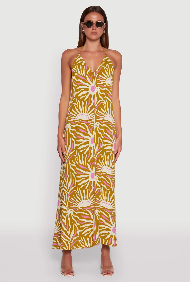 Womens Sun Print Caged Low Back Rope Halter Maxi Dress, Multi,