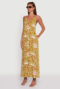 Womens Sun Print Caged Low Back Rope Halter Maxi Dress, Multi, Size S