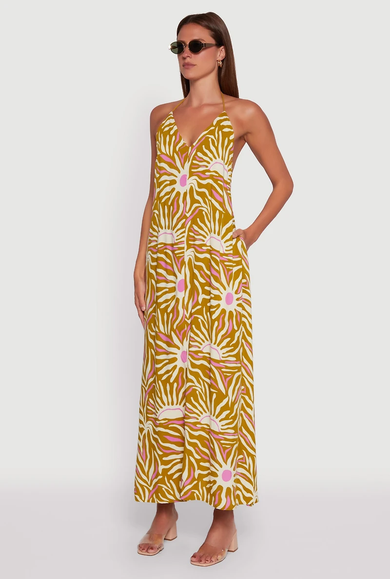 Womens Sun Print Caged Low Back Rope Halter Maxi Dress, Multi, Size L