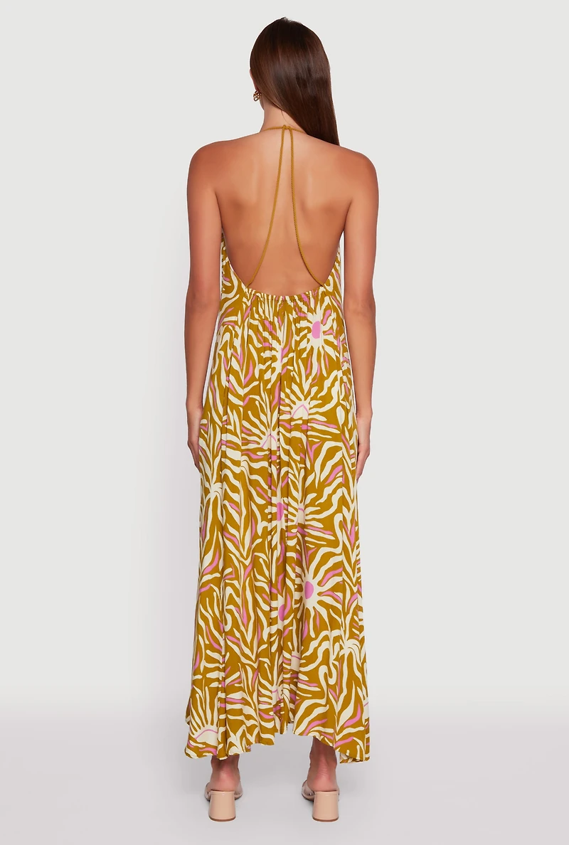 Sun Print Caged Low Back Rope Halter Maxi Dress