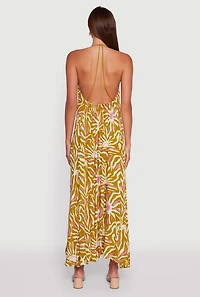 Sun Print Caged Low Back Rope Halter Maxi Dress