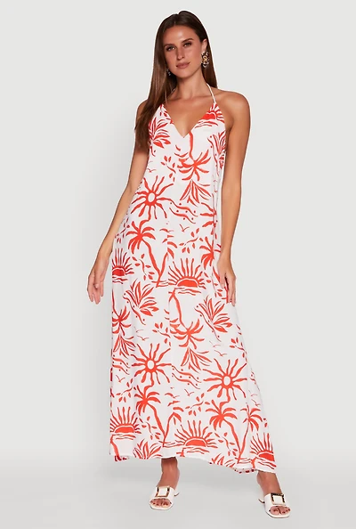 Womens Tropical Print Caged Low Back Rope Halter Maxi Dress, Multi, Size S