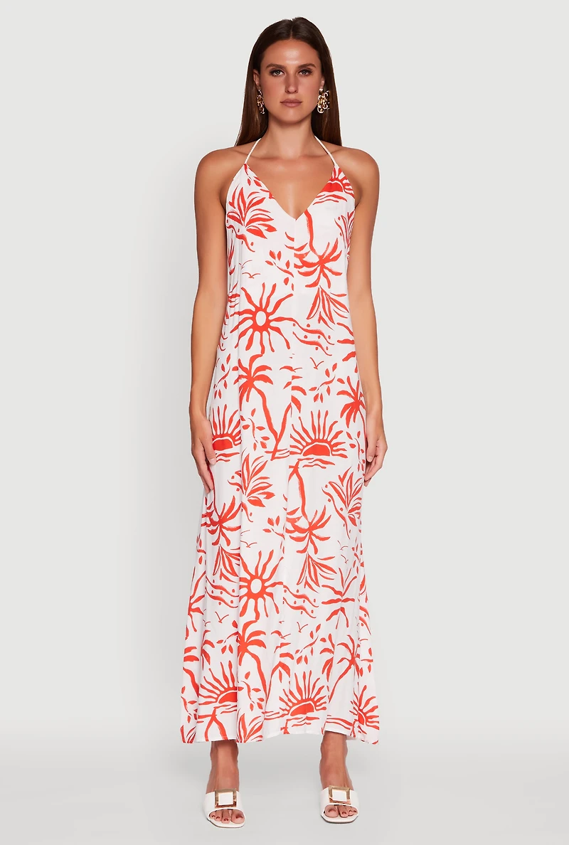 Womens Tropical Print Caged Low Back Rope Halter Maxi Dress, Multi,