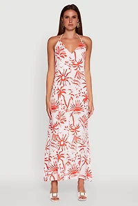 Womens Tropical Print Caged Low Back Rope Halter Maxi Dress, Multi,