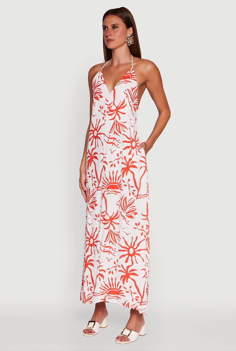 Tropical Print Caged Low Back Rope Halter Maxi Dress