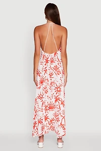 Womens Tropical Print Caged Low Back Rope Halter Maxi Dress, Multi, Size S
