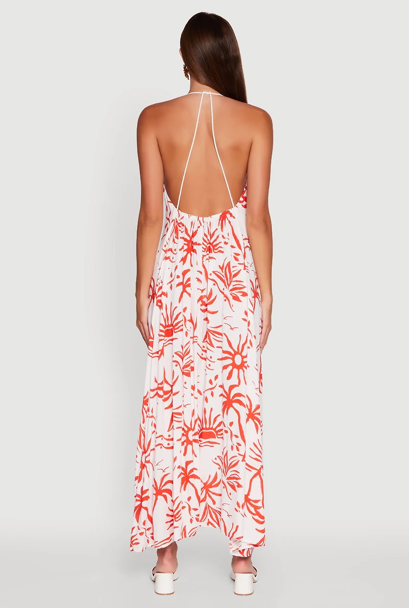 Womens Tropical Print Caged Low Back Rope Halter Maxi Dress, Multi,