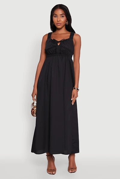 Womens Poplin Sleeveless Scoop Neck Tie Front Maxi Dress,